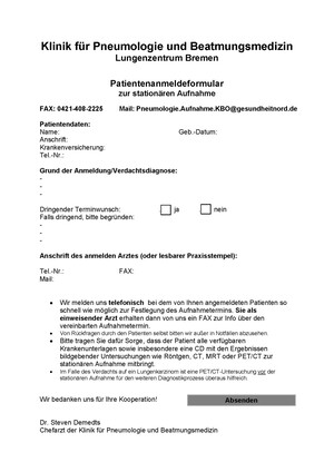 Foto vom Aufnahmeformular für die Pneumologie