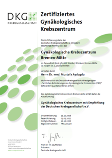Zertifikat: Gynäkologisches Krebszentrum mit Empfehlung der Deutschen Krebsgesellschaft e.V.