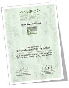 Foto: Zertifikat für die Beteiligung an der Qualitätssicherungsinitiative der AGO (Organkommission Mamma) 2012