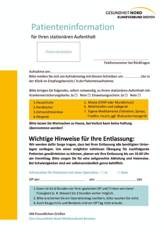 Foto der Patienteninformation für den stationären Aufenthalt