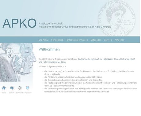 Foto der Webseite: Arbeitsgemeinschaft für Plastische, rekonstruktive und ästhetische Kopf-Hals-Chirurgie (APKO) | http://www.hno.org/apko/index.html