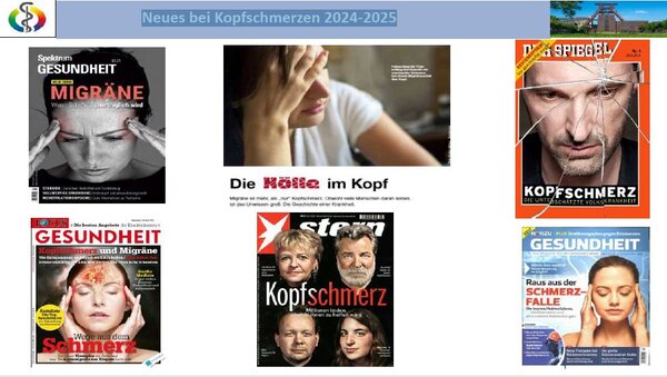Unter dem Titel Neues bei Kopfschmerzen 2024-2025 sind 6 Titelseiten von Zeitschriften mit dem Titelthema Kopfschmerz abgebildet.
