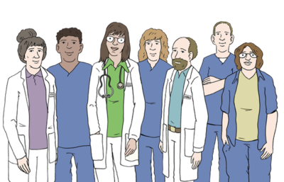 Eine gezeichnete Mitarbeitergruppe im Krankenhaus