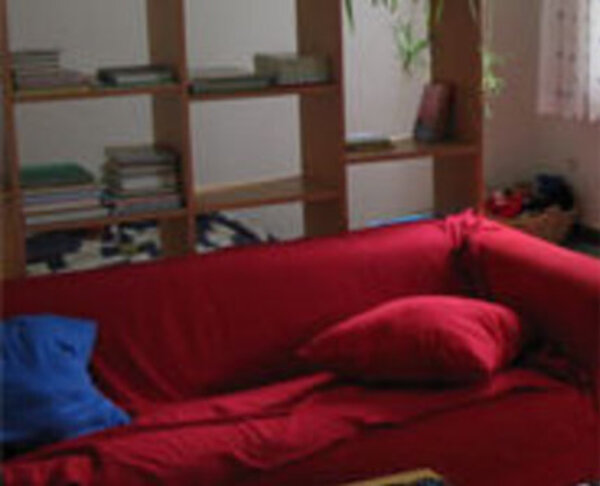 Das Foto zeigt ein rotes Sofa vor einem Holzregal mit Spielzeug