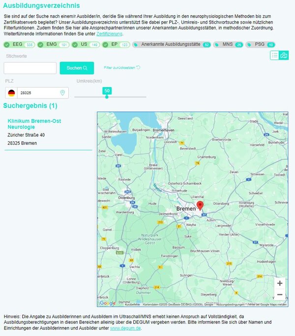 Ausbildungsverzeichnis der DGKN mit einer Karte rund um Bremen (50 km) und nur das KBO ist für den Suchbegriff ausgezeichnet