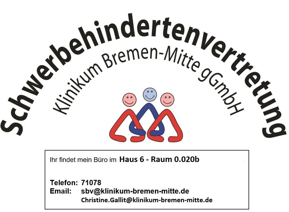 Schriftzug Schwerbehindertenvertretung Klinikum Bremen Mitte gGmbH über drei Strichmännchen, die sich gegenseitig einhacken