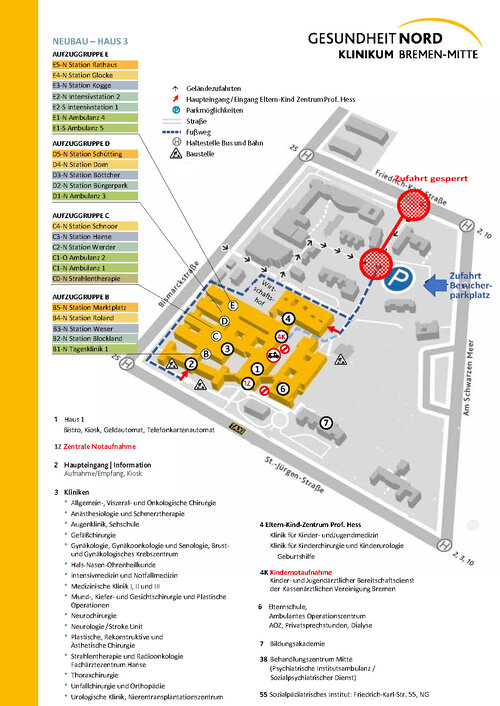 Skizze vom Lageplan KBM - Zufahrt über die Friedrich-Karl-Straße ist gesperrt