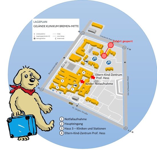 Lageplan Klinikum Bremen-Mitte - Zufahrt über  die Straße Am Schwarzen Meer - Friedrich-Karl-Straße ist gesperrt