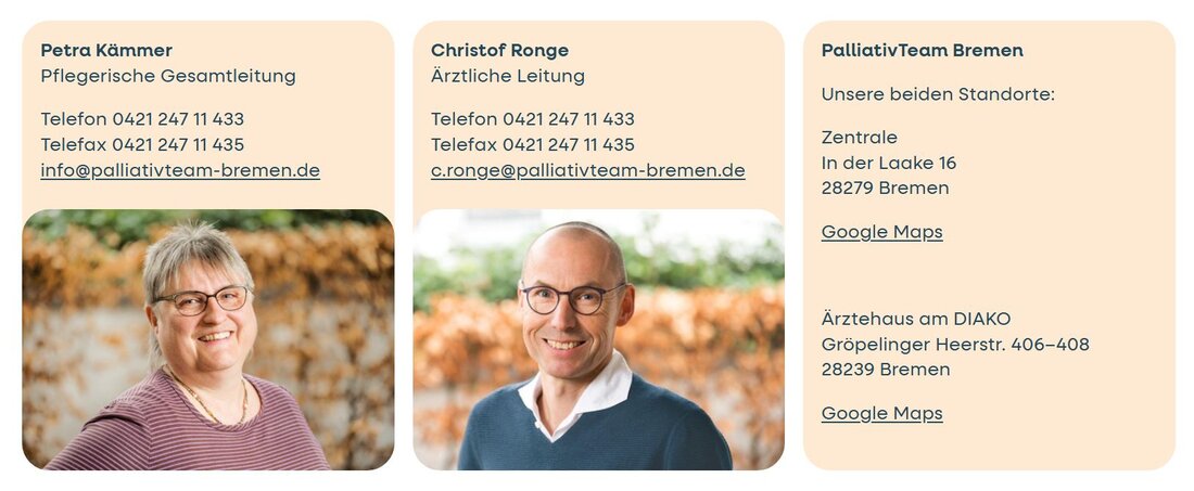 Foto der Kontaktseite PalliativTeam Bremen mit den Kontaktinformationen und zwei Portraitfotos 