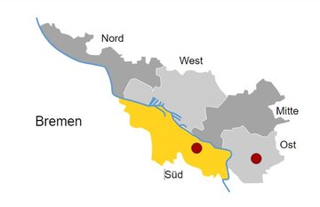 Silhouette von Bremen in grau und gelb markiert die Region Süd - Der Standort Links der Weser und Bremen-Ost ist durch einen roten Punkt gekennzeichnet.