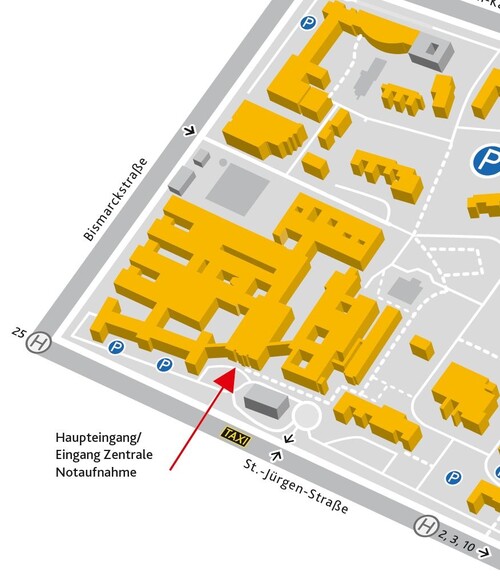 Lageplan Klinikum Bremen-Mitte mit rotem Pfeil vor dem Eingang zu Haus 1 / ZOP